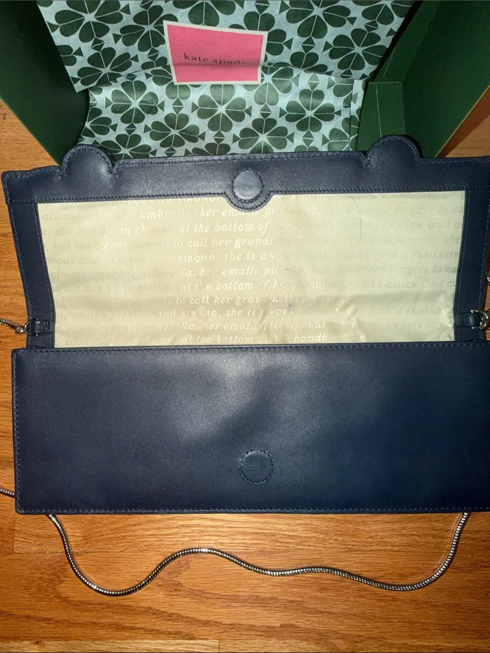 kate spade navy leather clutch with white limo applique and silver studs